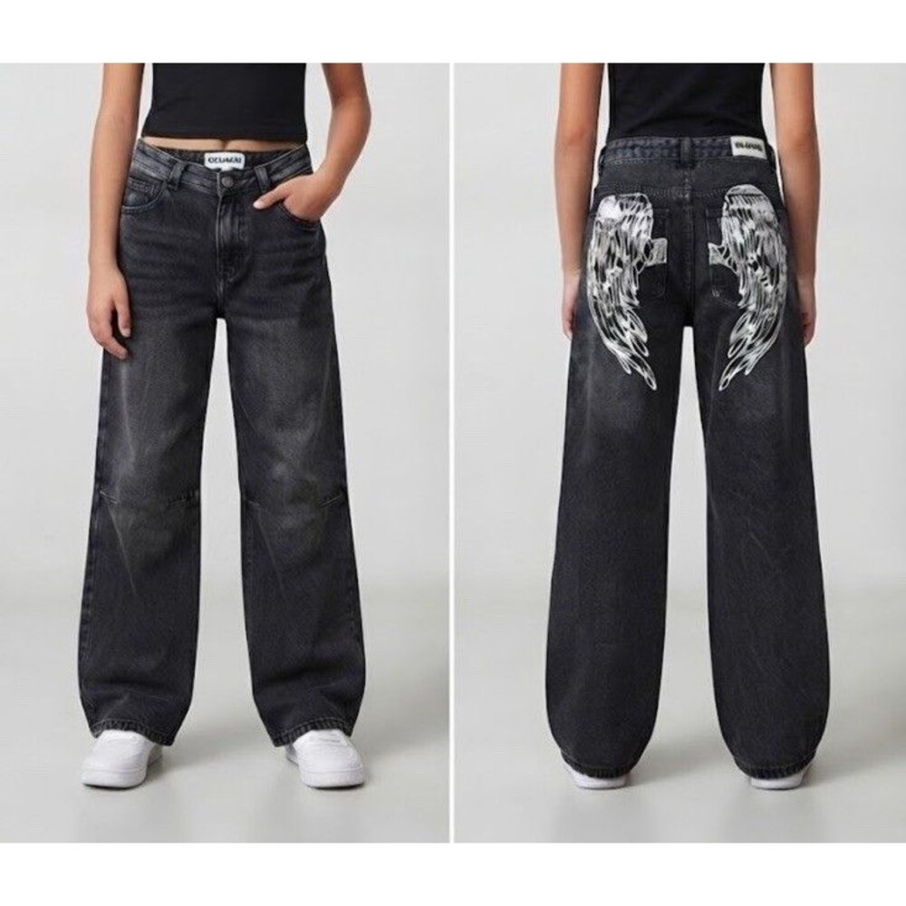 DISCLOSURE Black Goth Acid Wash Jeans Women Sz 3x26 Graphic Angel Wings Wide Leg